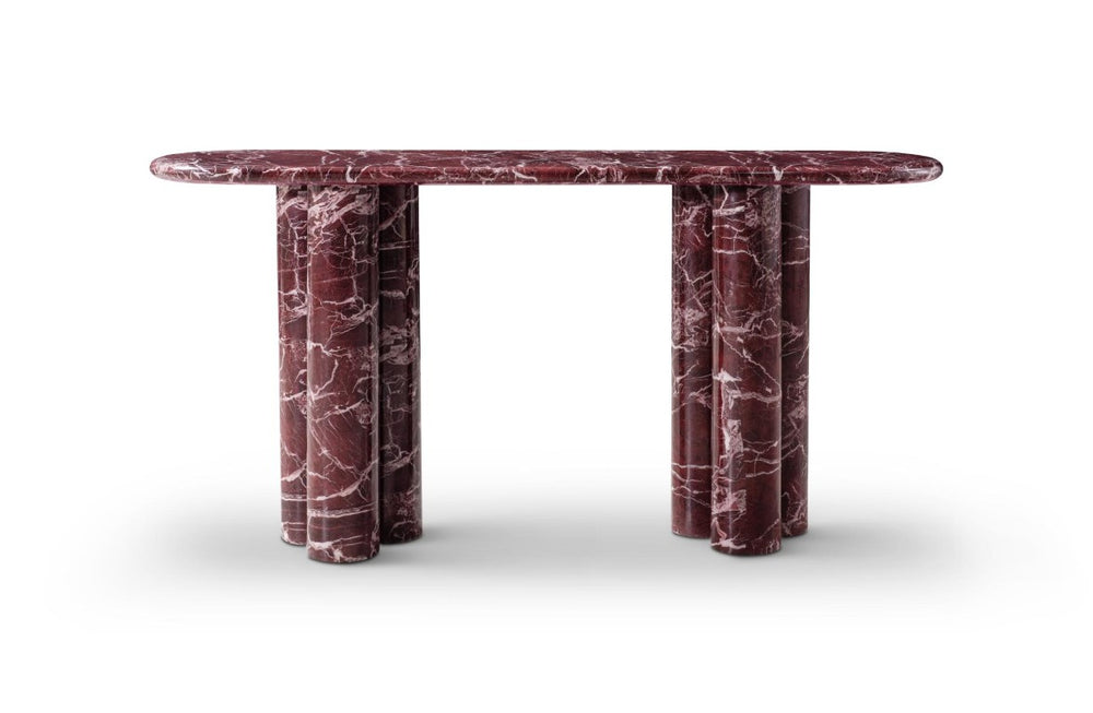 HomeRoots 60 Inch Genuine Marble Oval Top Dual Pedestal Entryway Console in Rich Red 723491