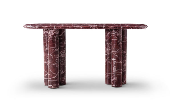 HomeRoots 60 Inch Genuine Marble Oval Top Dual Pedestal Entryway Console in Rich Red 723491