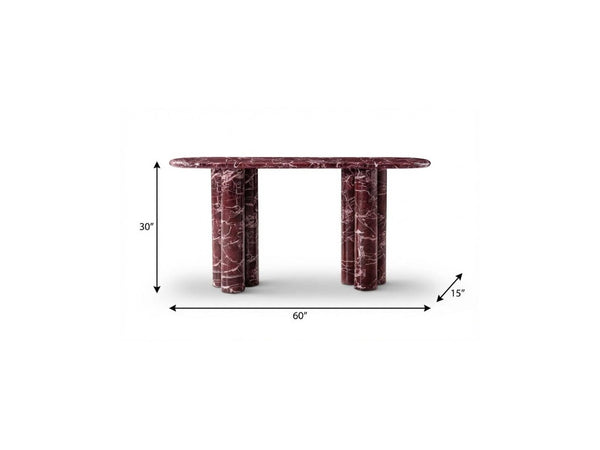 60 Inch Genuine Marble Oval Top Dual Pedestal Entryway Console in Rich Red