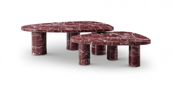 HomeRoots Red Veined Marble Geometric Side Table a Bold Triangular Accent for Modern Living 723498