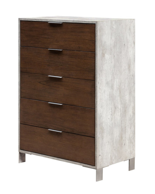 VIG Furniture Conner Dark Walnut & Faux Concrete Chest With 5 Soft-Closing Drawers, Brushed Steel Legs, Compact Stylish Storage VGAN-CONNER-CH-DK