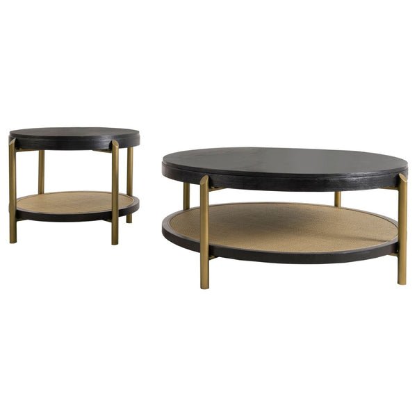 English Elm Benson Round Coffee and End Table Set with Brass Legs Rattan Shelf Accent Black B062S01403