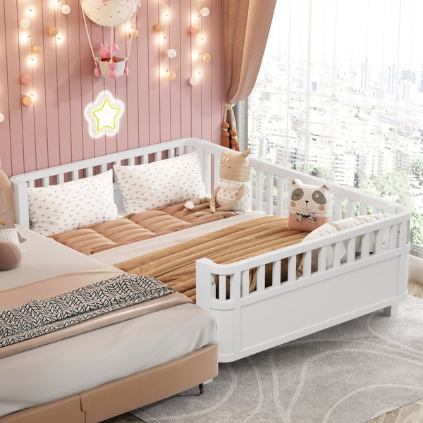 English Elm Twin Low Profile Pine Wood Kids Bed with Safety Rails and Fence Style Headboard W2593P367052