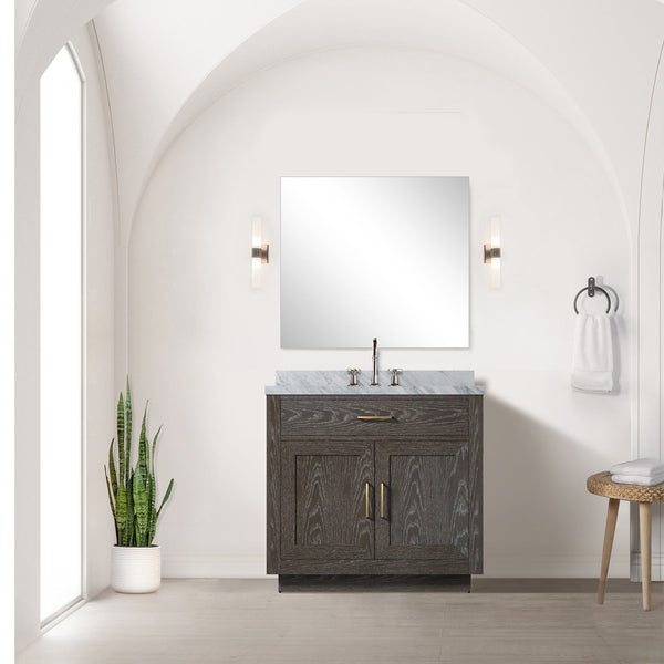 English Elm Brown Oak Single Bath Vanity With Carrara Marble Top & Chrome Faucet Set - Elegant & Functional Upgrade B2731P257674