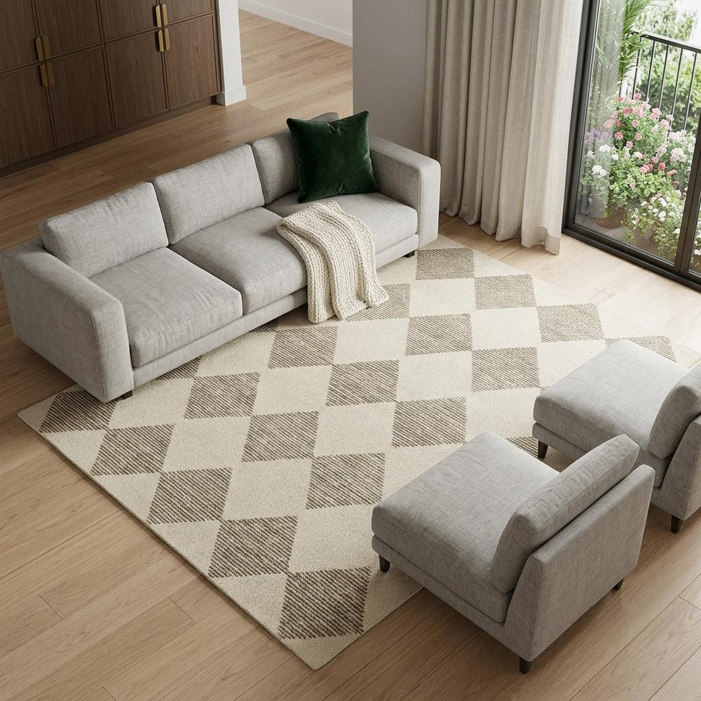 Geometric Polyester Area Rug with Jute Backing Neutral Tones Accent for Living Rooms