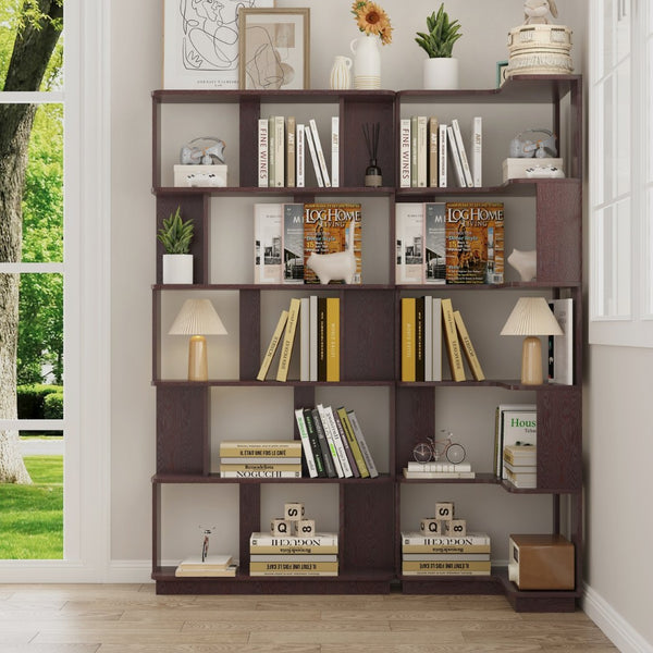 English Elm Set of 2 Modular Corner Bookcases L Shaped and I Space Saving Home Office Shelving Ox Blood Red W2899S00002