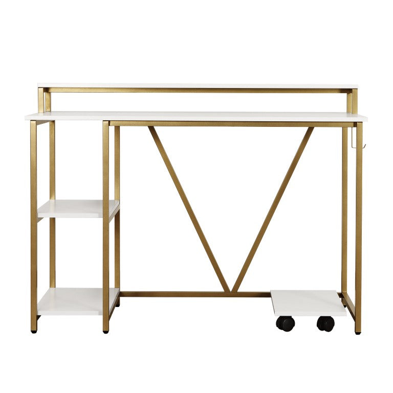 HomeRoots 47 Inch Glam Pedestal Writing Desk in White Finish with Gold Steel Accents 723731