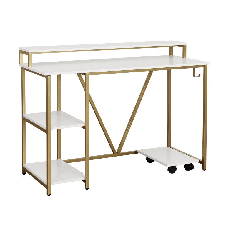 HomeRoots 47 Inch Glam Pedestal Writing Desk in White Finish with Gold Steel Accents 723731