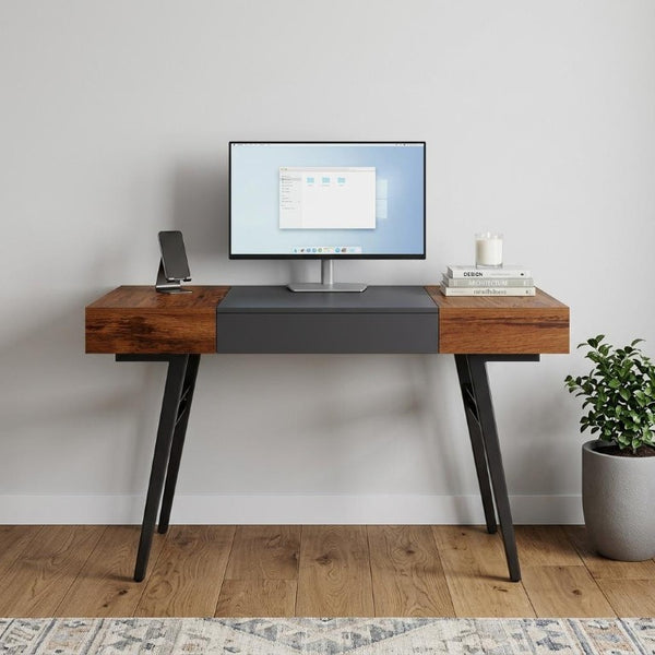 51 Inch Mahogany Steel Frame Writing Desk for Home Office with Modern Industrial Appeal