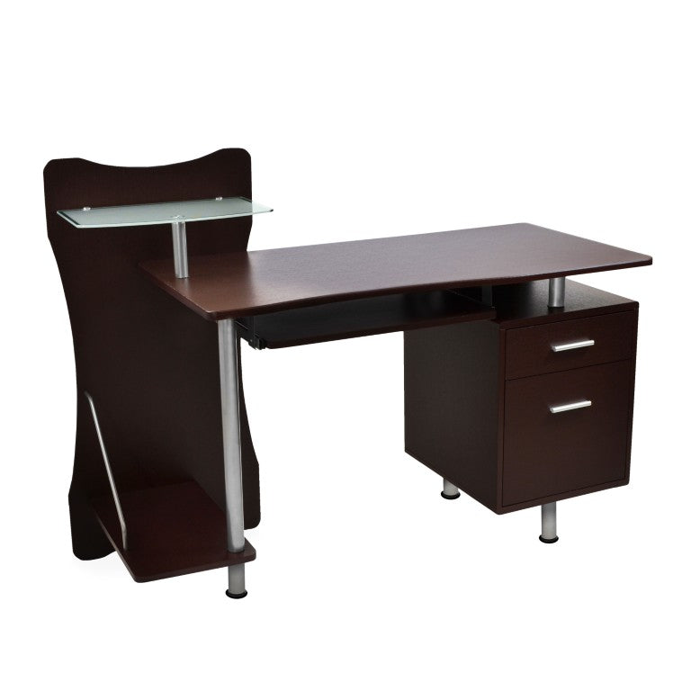 51 Inch Two Drawer Pedestal Writing Desk in Chocolate Wood with Steel Accents