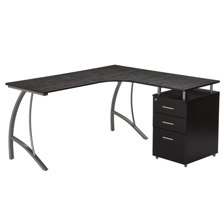 HomeRoots 59 Inch L-shaped Wood and Steel Pedestal Computer Desk with Three Drawers for Home Office Espresso / Silver 723746