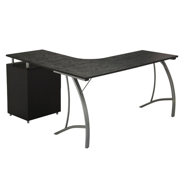 HomeRoots 59 Inch L-shaped Wood and Steel Pedestal Computer Desk with Three Drawers for Home Office Espresso / Silver 723746