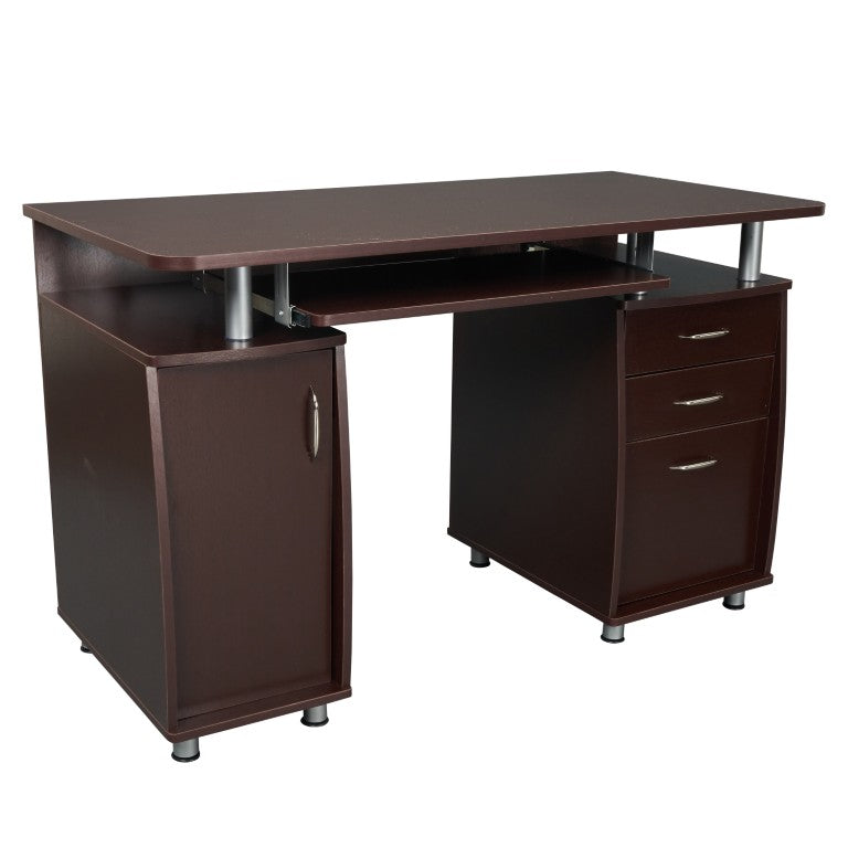 HomeRoots 48 Inch Chocolate Brown Wood Pedestal Writing Desk with Storage Cabinets and Drawers 723748