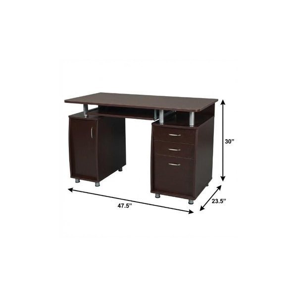 48 Inch Chocolate Brown Wood Pedestal Writing Desk with Storage Cabinets and Drawers