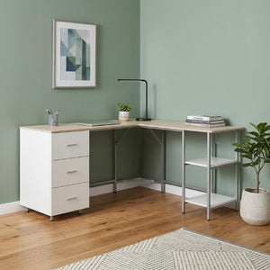 59 Inch L-shaped Computer Desk in Steel and Wood with Three Storage Drawers