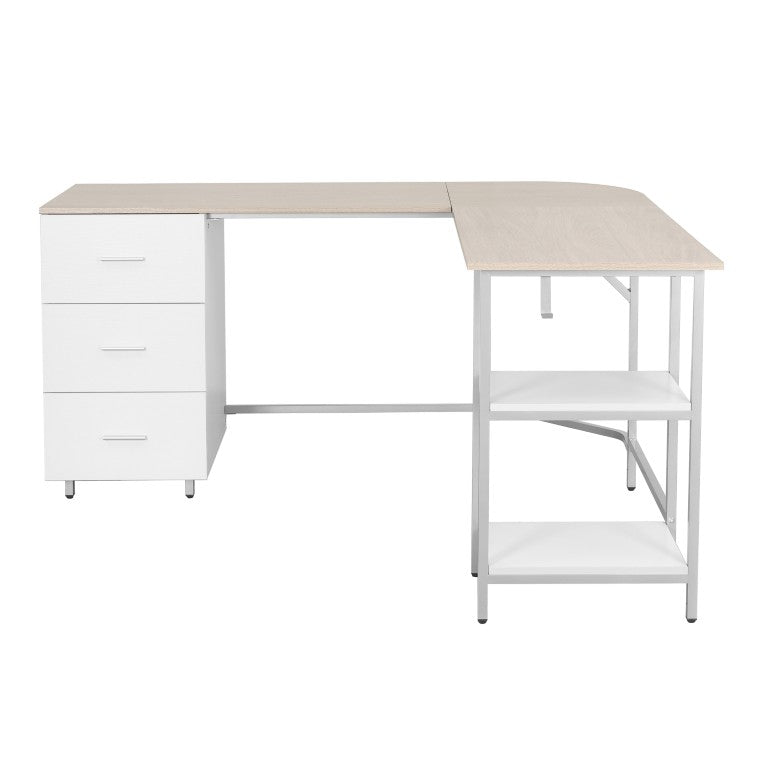HomeRoots 59 Inch L-shaped Computer Desk in Steel and Wood with Three Storage Drawers 723753