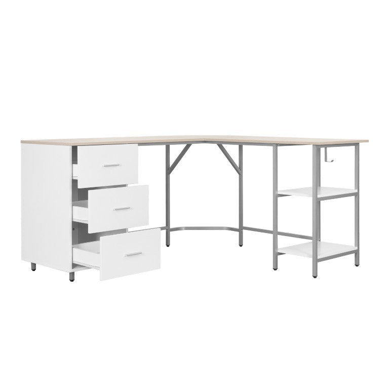 HomeRoots 59 Inch L-shaped Computer Desk in Steel and Wood with Three Storage Drawers 723753
