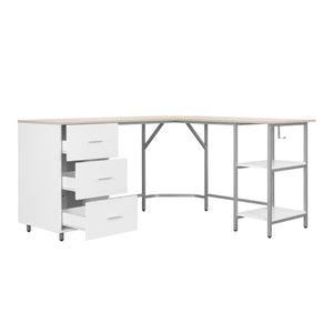 59 Inch L-shaped Computer Desk in Steel and Wood with Three Storage Drawers