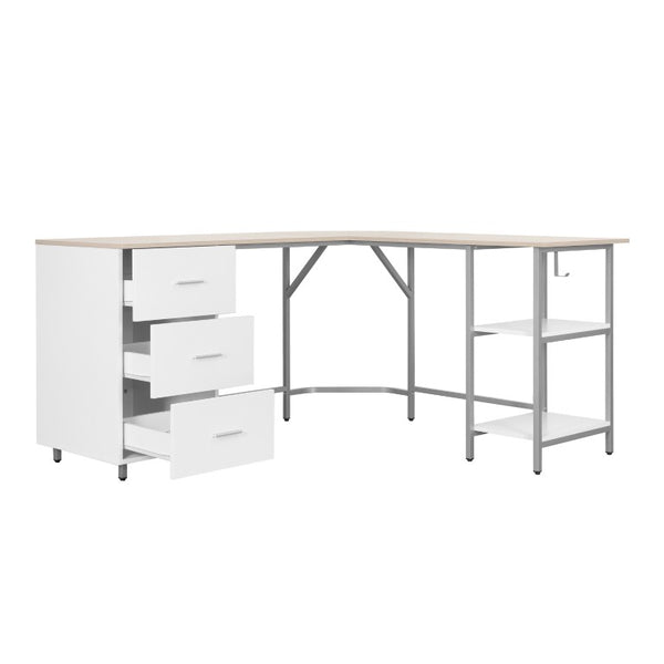 59 Inch L-shaped Computer Desk in Steel and Wood with Three Storage Drawers