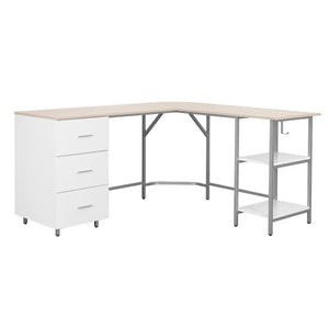 59 Inch L-shaped Computer Desk in Steel and Wood with Three Storage Drawers