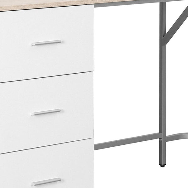 59 Inch L-shaped Computer Desk in Steel and Wood with Three Storage Drawers