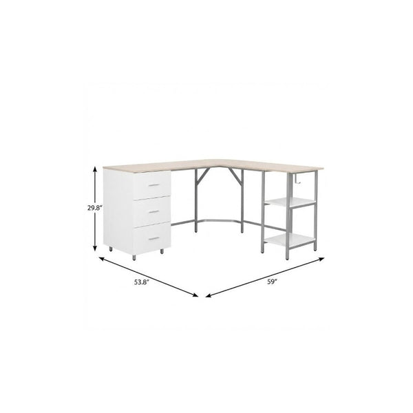 59 Inch L-shaped Computer Desk in Steel and Wood with Three Storage Drawers