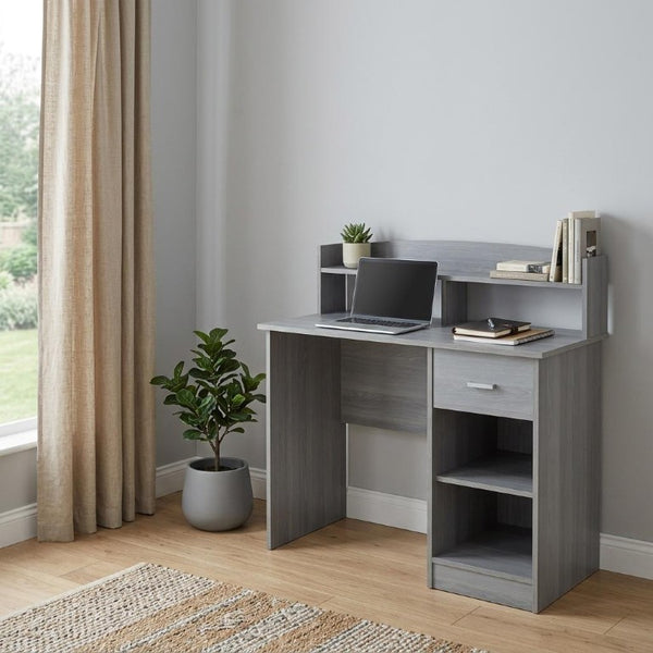 41 Inch Gray Wood Pedestal Computer Desk with Hutch for Home Office Storage