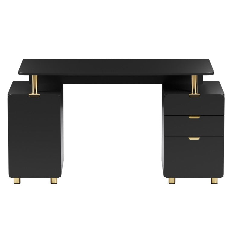 HomeRoots 57 Inch Black Gold Executive Desk Solid Wood Steel Frame with Three Storage Drawers 723771