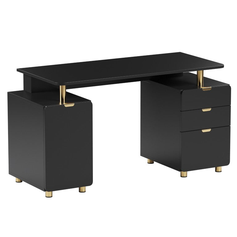 HomeRoots 57 Inch Black Gold Executive Desk Solid Wood Steel Frame with Three Storage Drawers 723771