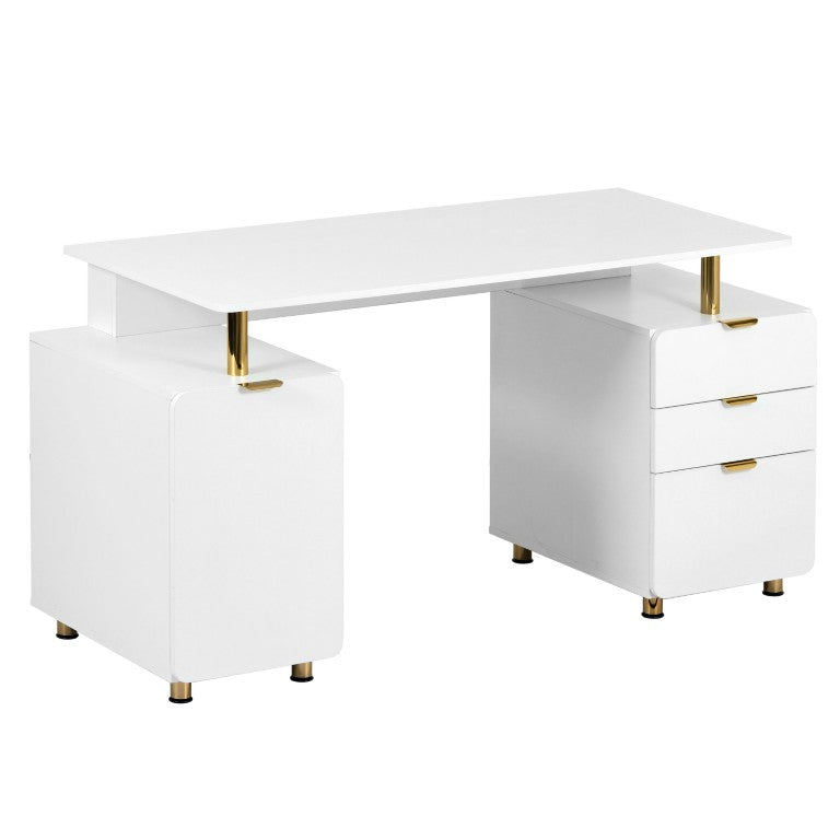 HomeRoots 57 Inch White Gold Executive Office Desk with Three Drawers Steel Pedestal Base 723772