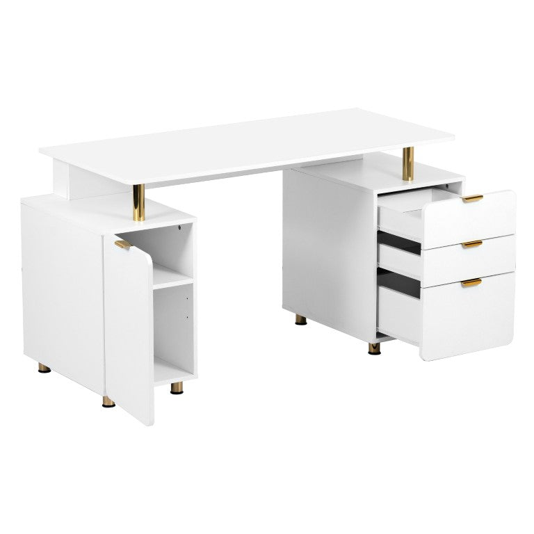 HomeRoots 57 Inch White Gold Executive Office Desk with Three Drawers Steel Pedestal Base 723772