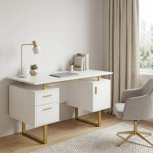 51 Inch Steel Frame Wood Pedestal Executive Desk with Dual Drawers for Home Office