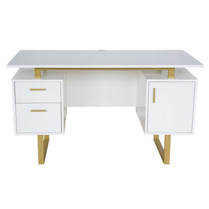 HomeRoots 51 Inch Steel Frame Wood Pedestal Executive Desk with Dual Drawers for Home Office White / Gold 723776
