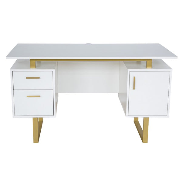HomeRoots 51 Inch Steel Frame Wood Pedestal Executive Desk with Dual Drawers for Home Office White / Gold 723776