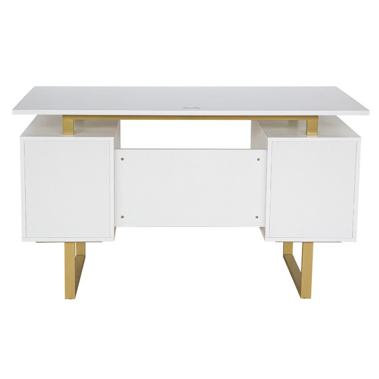 HomeRoots 51 Inch Steel Frame Wood Pedestal Executive Desk with Dual Drawers for Home Office White / Gold 723776