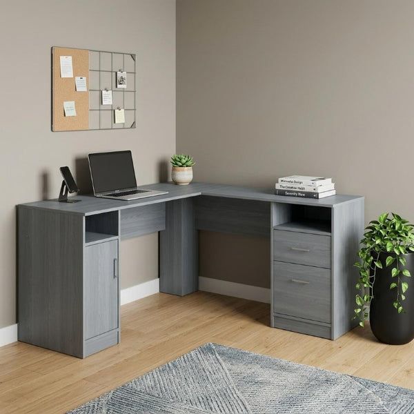 60 Inch L Shape Gray Wood Home Office Desk with Dual Storage Drawers Included
