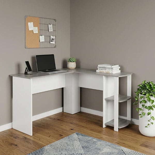 54 Inch L-shaped Office Desk in White Gray Wood Finish for Home Workstation Use