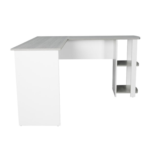 54 Inch L-shaped Office Desk in White Gray Wood Finish for Home Workstation Use