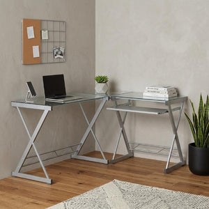 62 Inch Glass Top Steel Frame L Shaped Desk for Modern Home Office Workstation