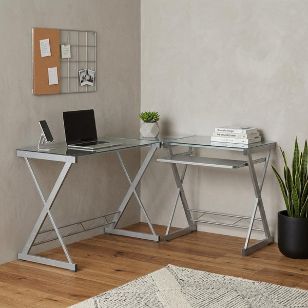 62 Inch Glass Top Steel Frame L Shaped Desk for Modern Home Office Workstation