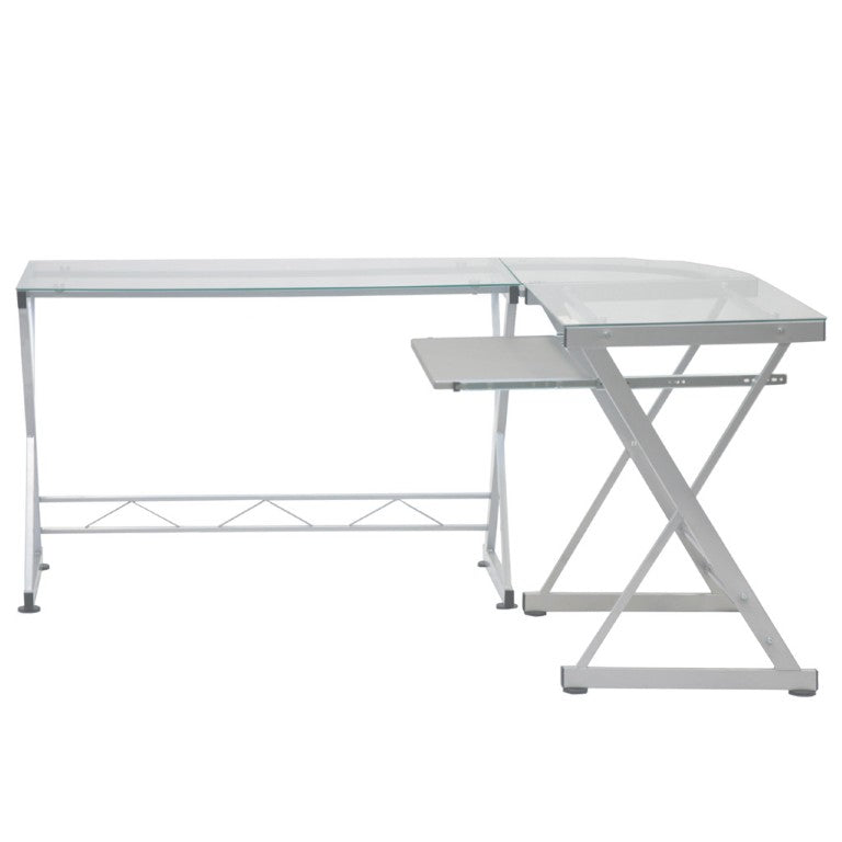 HomeRoots 62 Inch Glass Top Steel Frame L Shaped Desk for Modern Home Office Workstation 723780