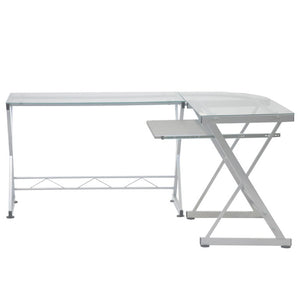 HomeRoots 62 Inch Glass Top Steel Frame L Shaped Desk for Modern Home Office Workstation 723780