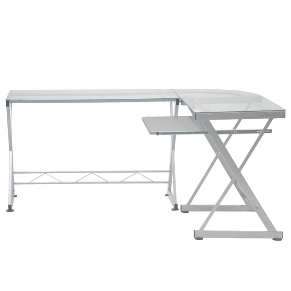 HomeRoots 62 Inch Glass Top Steel Frame L Shaped Desk for Modern Home Office Workstation 723780