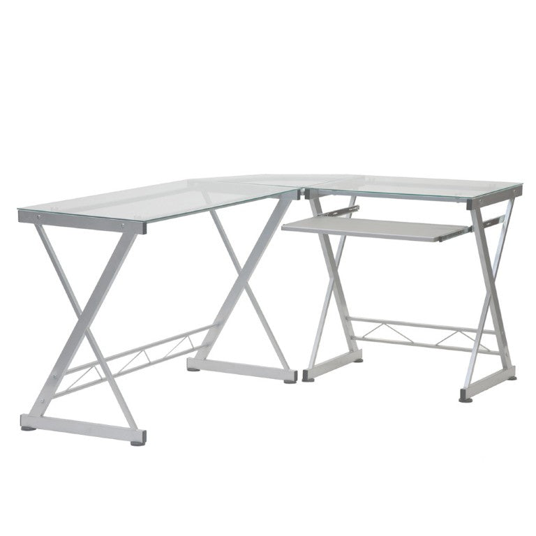 HomeRoots 62 Inch Glass Top Steel Frame L Shaped Desk for Modern Home Office Workstation 723780