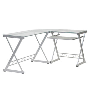 62 Inch Glass Top Steel Frame L Shaped Desk for Modern Home Office Workstation