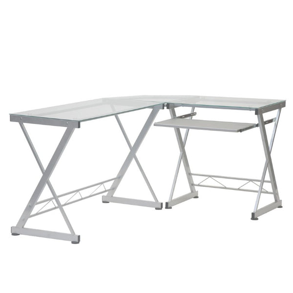 62 Inch Glass Top Steel Frame L Shaped Desk for Modern Home Office Workstation