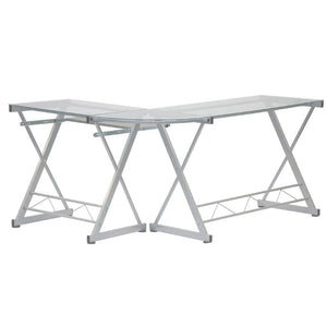 62 Inch Glass Top Steel Frame L Shaped Desk for Modern Home Office Workstation