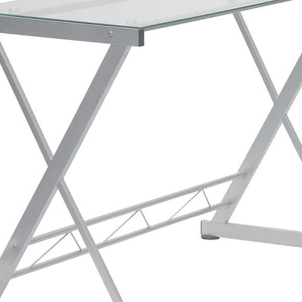62 Inch Glass Top Steel Frame L Shaped Desk for Modern Home Office Workstation