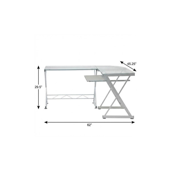 62 Inch Glass Top Steel Frame L Shaped Desk for Modern Home Office Workstation