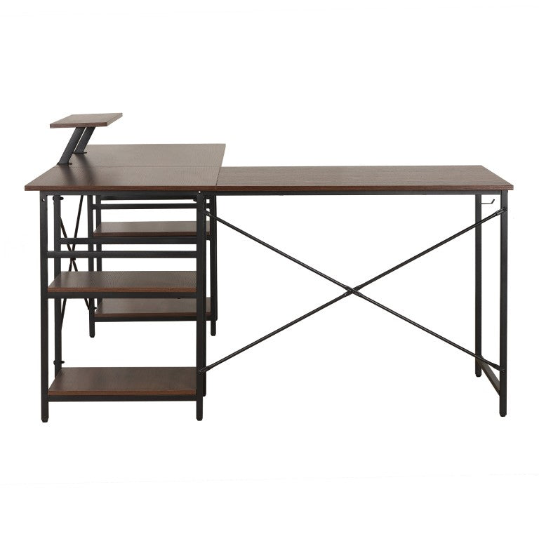 HomeRoots 59 Inch L-shaped Desk in Walnut Finish with Steel Frame for Modern Home Office 723781